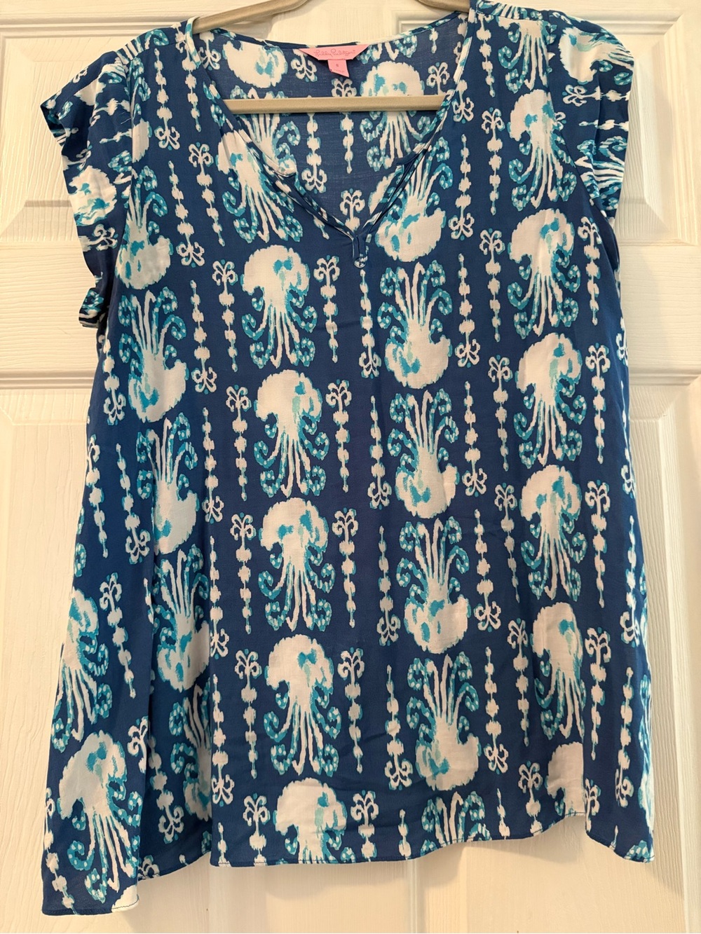Lilly Pulitzer Blue Octopus Print Short-Sleeve Blouse small